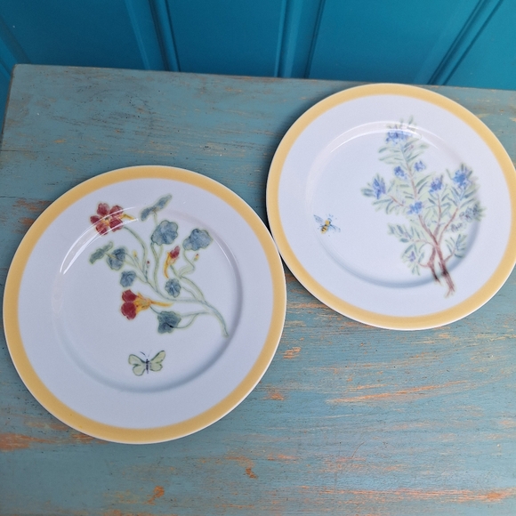 2 Salad Plates Flowering Herbs Williams Sonoma Butterfly Bumblebee Honey Bee Set - Picture 8 of 15